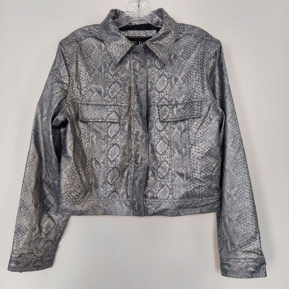 FU DA Women's Silver Gray Jacket Medium Snake Skin Full Zip Vegan Leather